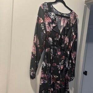 Express Floral V-Neck Long Sleeve Midi Dress - Black/Pink